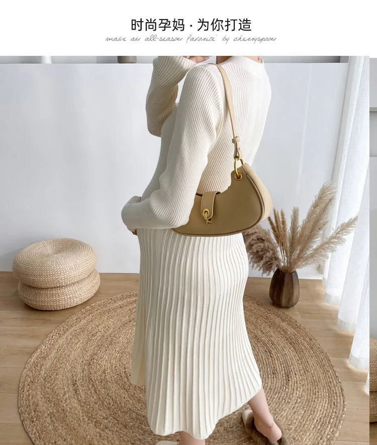 Autumn and Winter Maternity Clothing Long Sleeve V-Neck High Waist Button Fly Pregnancy Knitting Dresses Women Sweaters Knitwear