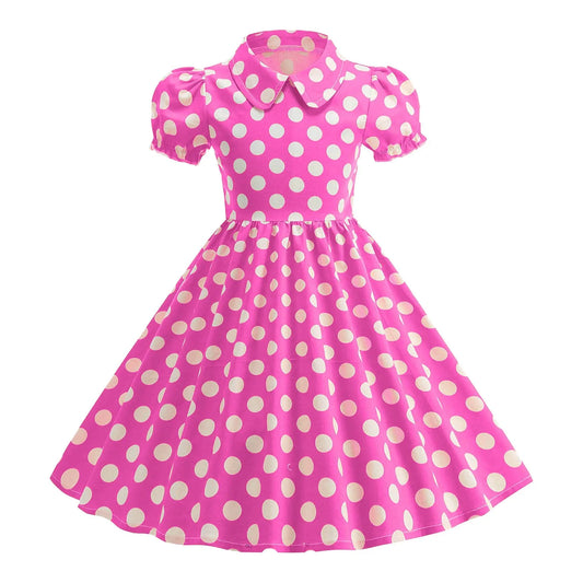 Girls Vintage Polka Dot Summer Dresses Elegant 50s Turn Down Collar Short Sleeve Princess Cocktail Dress Children'S Clothing