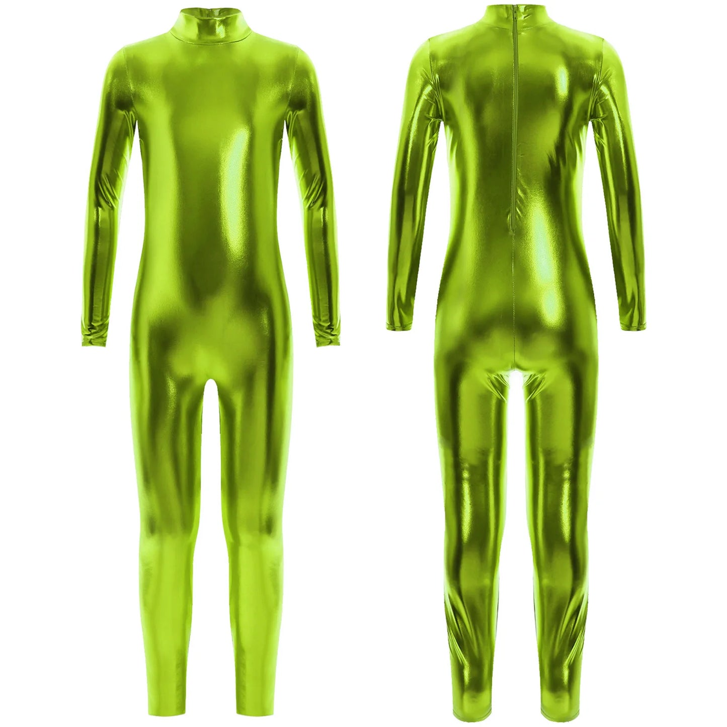 Kids Boys Girls Dance Metallic Jumpsuit Children's Gymnastics Bodysuit Performance Costume Long Sleeve Full Length Leotard