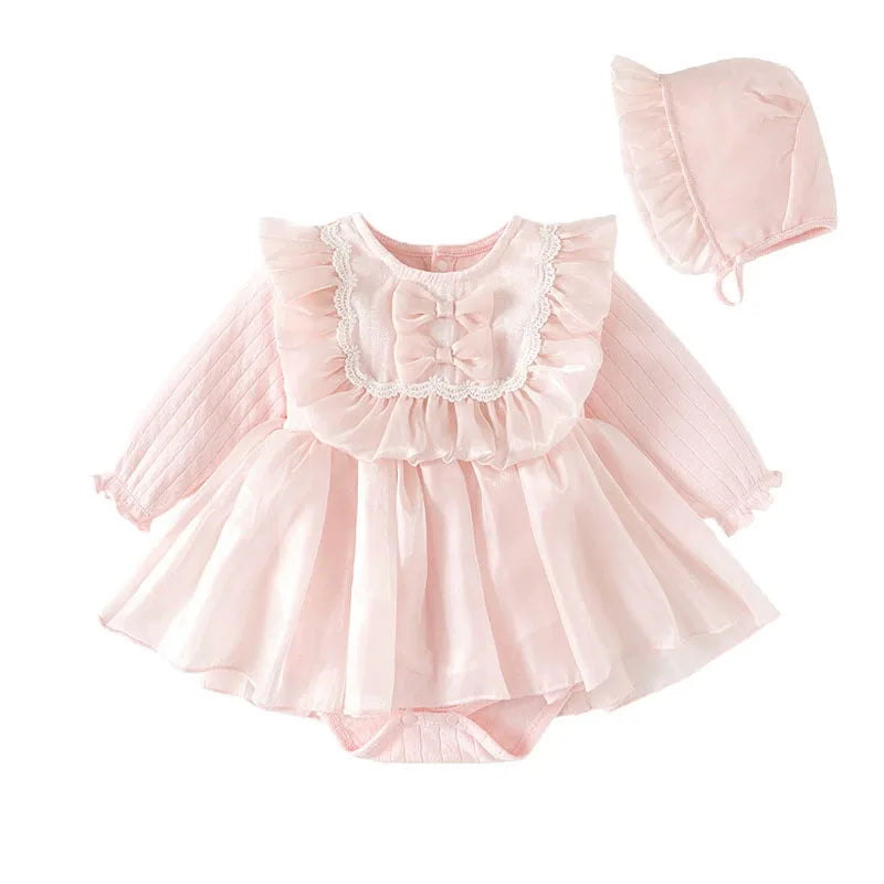 Spring Autumn Newborn Girls Clothes Korean Cute Bow Mesh Cotton Long Sleeve Princess Bodysuits+Hat Baby Boutique Clothing B038