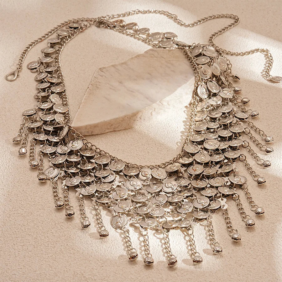 Ethnic Silver Color Bell Coins Tassel Waist Chain Belly Chain for Women Adjustable Chains Sexy Bikini Dance Dress Body Jewelry