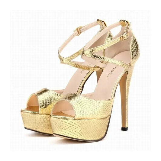 Women Sandals Stilettos Summer Sexy Peep Toe Leather Buckle Platform Pumps 14cm Extremely High Heels Party Dress Wedding Shoes