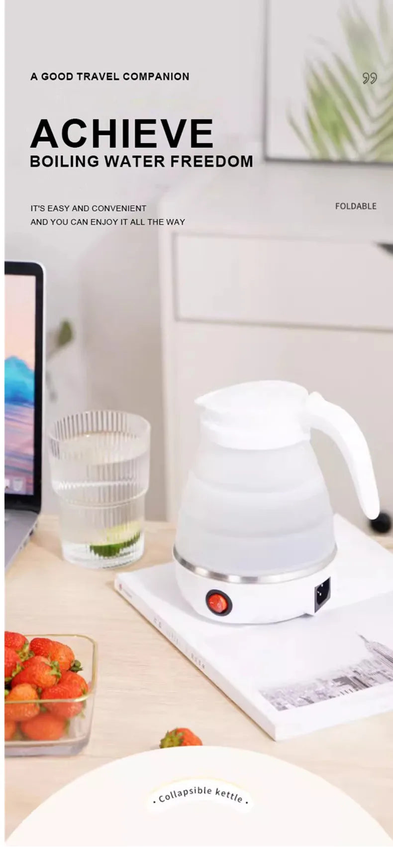 JFBONIN 0.6L Mini Folding Kettle Portable Water Heater 600W Silicone Compression Electric Kettle Home Kettle Easy To Travel