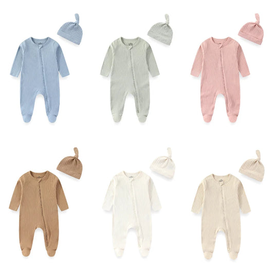 2 Pieces Solid Color Romper+Hat 2-way Zipper Cotton Baby Girl Clothes 0-12M Spring Newborn Baby Boy Clothes Sets Winter