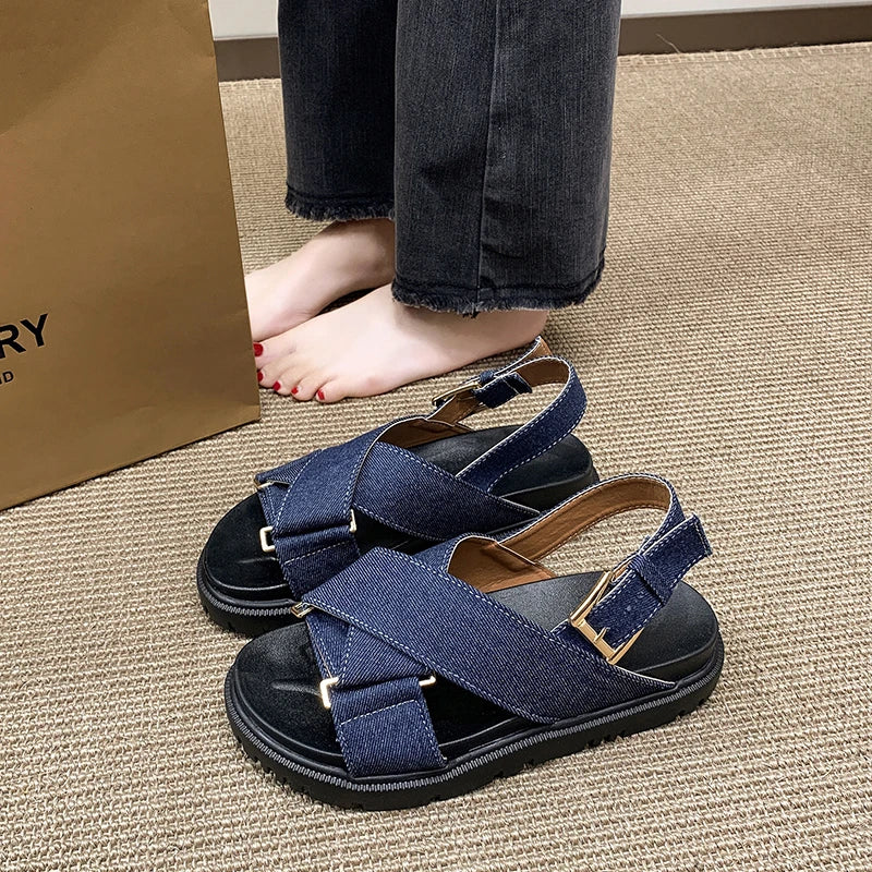 Denim Cross-strap Thick Sole Sandals Women 2025 New Summer Platform Shoes  Woman Outdoor Casual Sports Beach Shoes Slippers