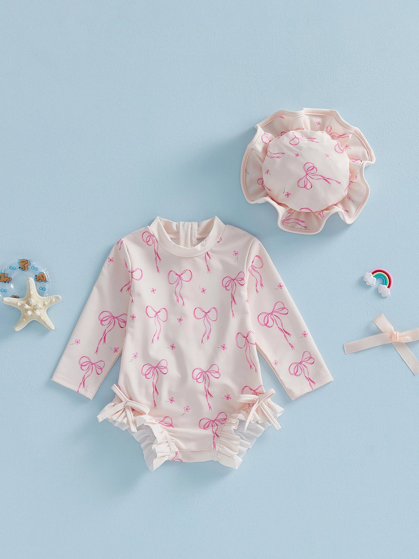 Toddler Baby Girl Rash Guard Swimsuit Bow Print Ruffled Long Sleeve Round Neck Beachwear Jumpsuit and Hat Swimwear 2Pcs Set
