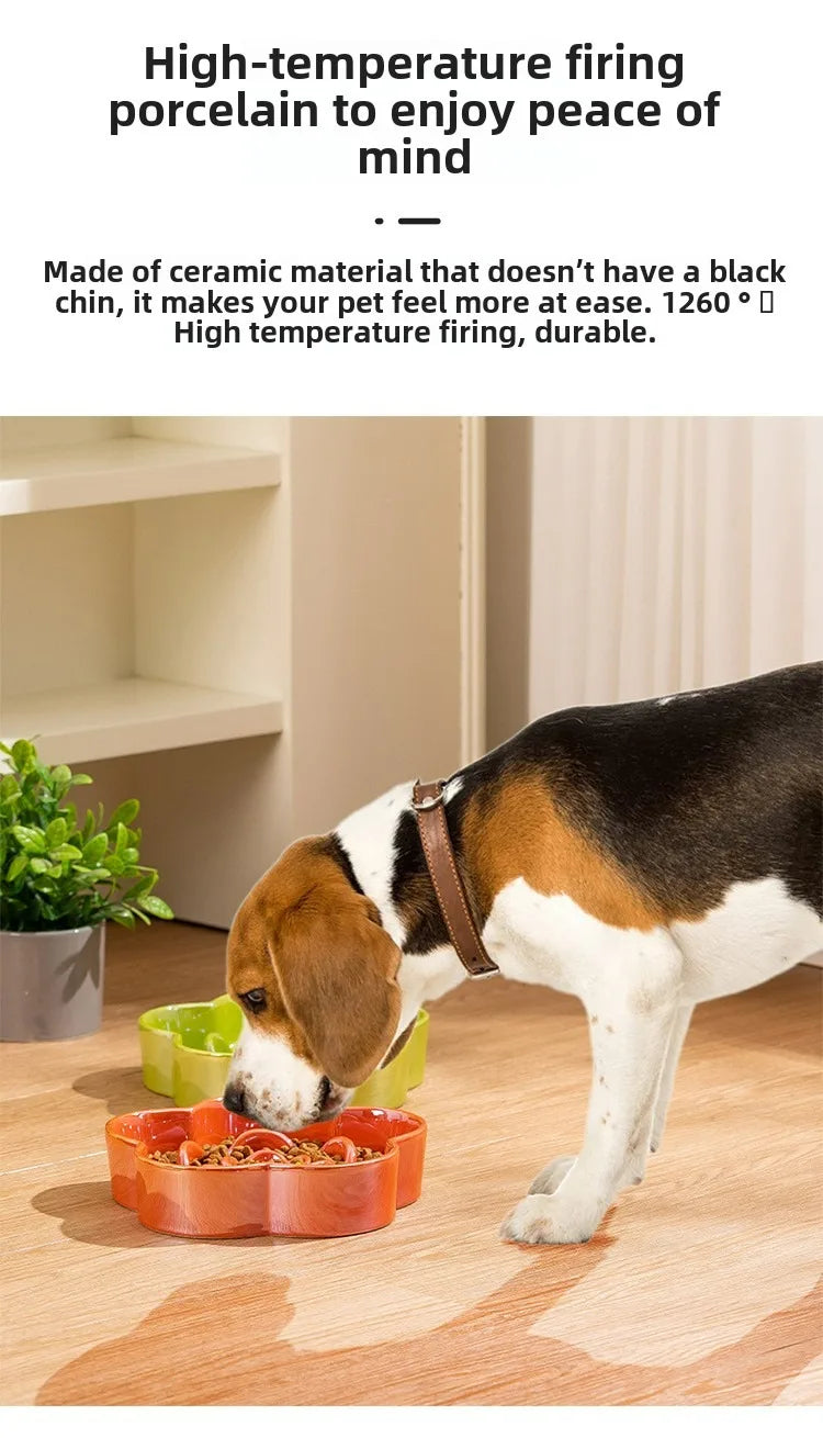 Ceramic Dog Slow Food Bowl Anti-choking Medium and Large Dog Food Basin Cat Bowl with Wooden Frame Pet Feeding Supplies With