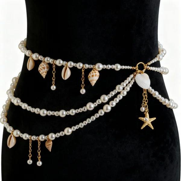 Fashionable Multi-Layer Pearl Tassel Waist Chain for Women Elegant Floral Body Chain Summer Holiday Accessory Gentle Style