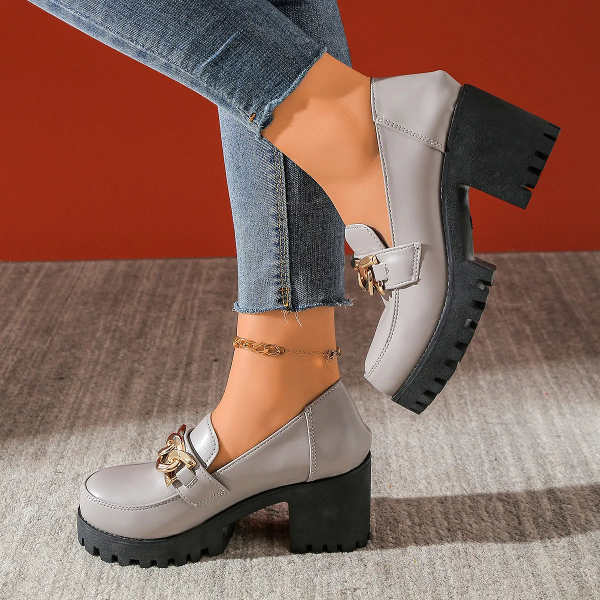 Women's Large Size Thick Heel Slip-On round Toe Leather Shoes Spring Autumn New Style Korean Style PU Leather Mid Heel