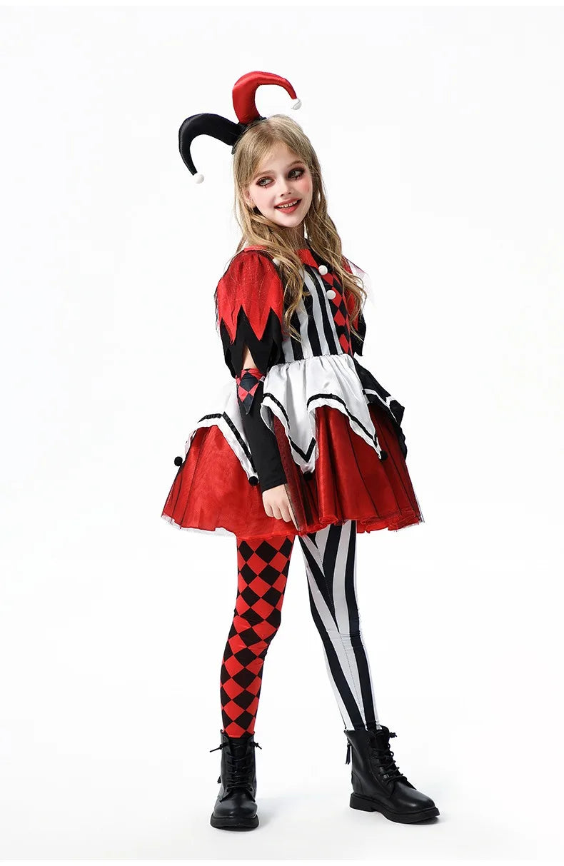 Halloween Cosplay Costumes Horror Clown Dresses Pants Headwear Clothes Sets Carnival Theme Party Role Playing Outfits for Girls
