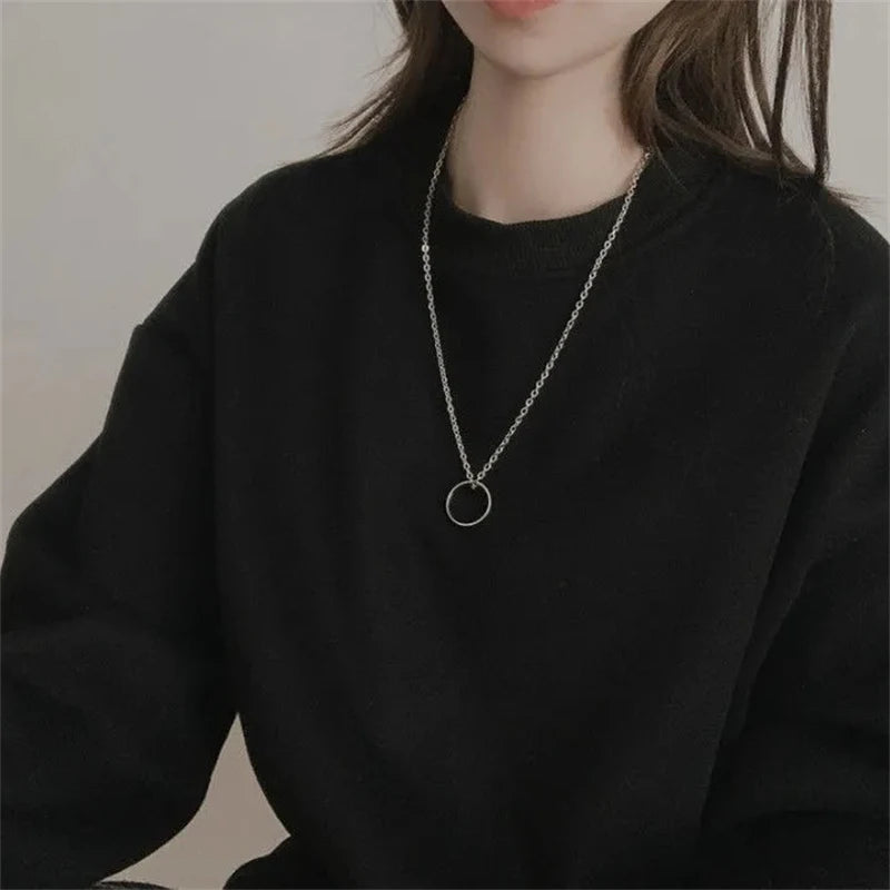 Fashion Ring Pendant Necklace Metal Silver Color Couple Chain Necklaces Men Women Hip Hop Jewelry Gift