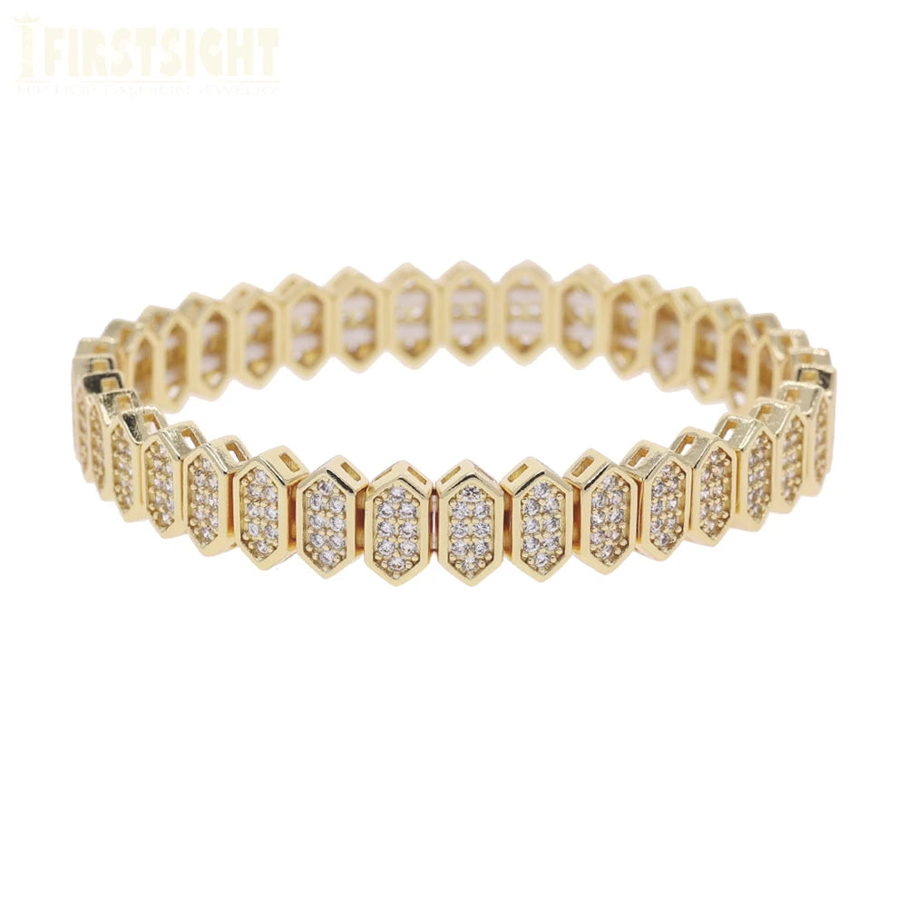 New Iced Out Bling CZ Geometric Stretchy Stretch Double Tennis Chain Bracelet Adjusted Size Bangle For Women Fashion Jewelry