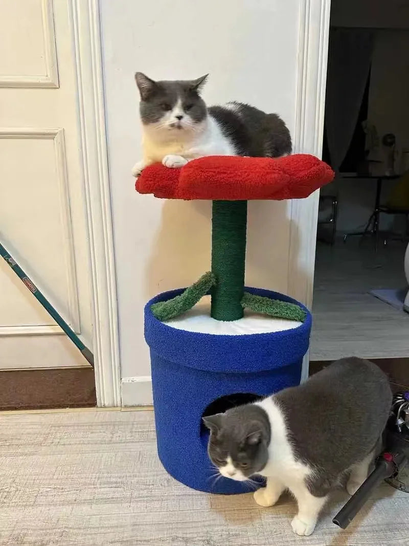 Red Flower Potted Cat Tree with Integrated Cat Bed Below Medium-Sized Cat Tree (Suitable for Cats Under 15 lbs)