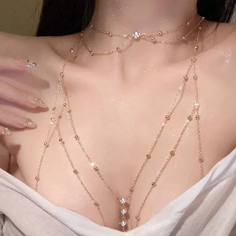 Sexy Rhinestone Round Beads Waist Chain Beach Bra Bikini Chest Chain Zircon Tassel Women Body Chain Jewelry Accessories