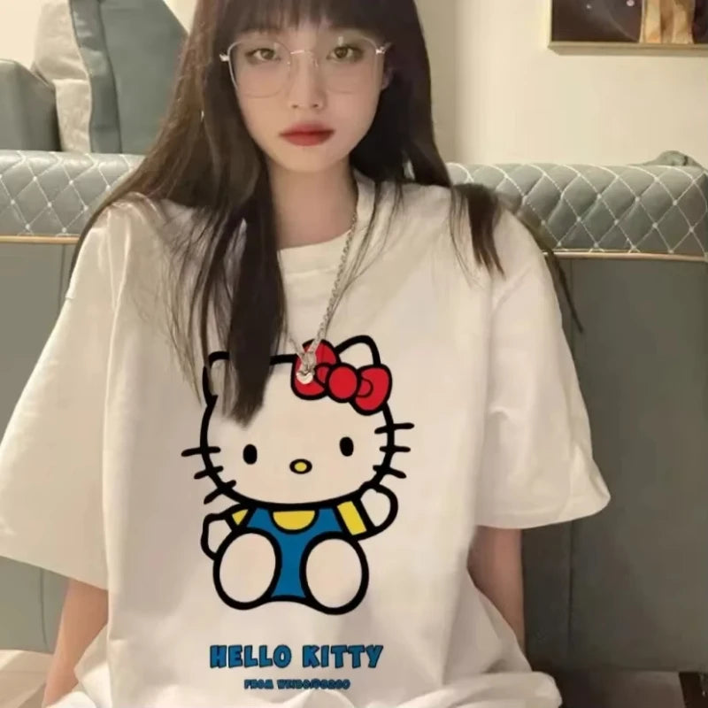Kawaii Hello Kitty Children's Y2K Korean Cotton Tops Anime Kawaii Summer Loose Oversized Women's Couples Fashion Cotton T-shirt