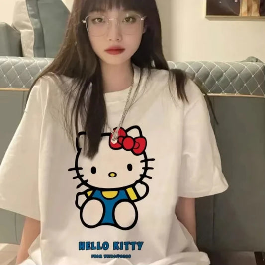 Kawaii Hello Kitty Children's Y2K Korean Cotton Tops Anime Kawaii Summer Loose Oversized Women's Couples Fashion Cotton T-shirt
