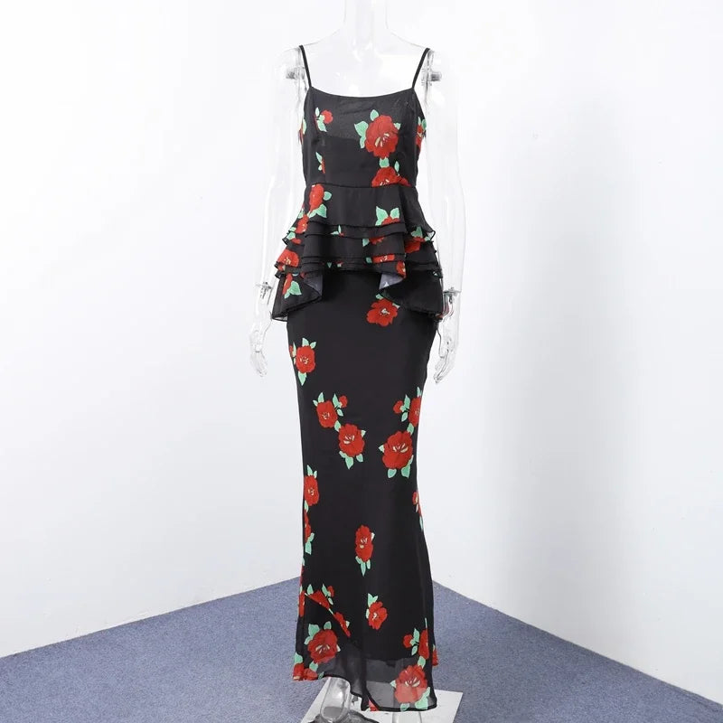 Sexy Flower Print Top Long Skirt Set Women Slim Ruffle Strap U-neck Top Loose High Waist Skirts  Fashion Summer Party Suit