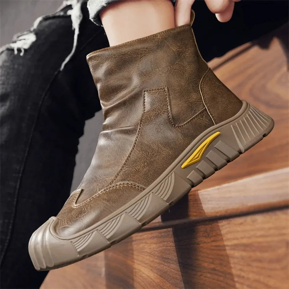 Fipatbu Unisex wool-lined barefoot leather boots with a solid color and a wide-toe design