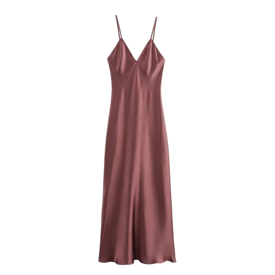 2025 New Elegant women's fashion silk satin texture MIDI dress sexy backless party slip dress