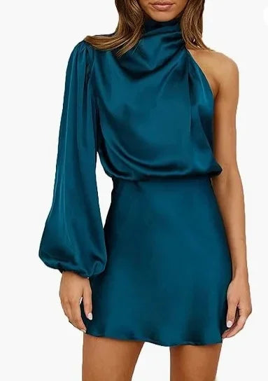 Silk Satin Long Sleeve Mini Skirt Spring 2024 Women's Single Shoulder Cocktail Dress round Neck Short Skirt Fashionable Ladies'