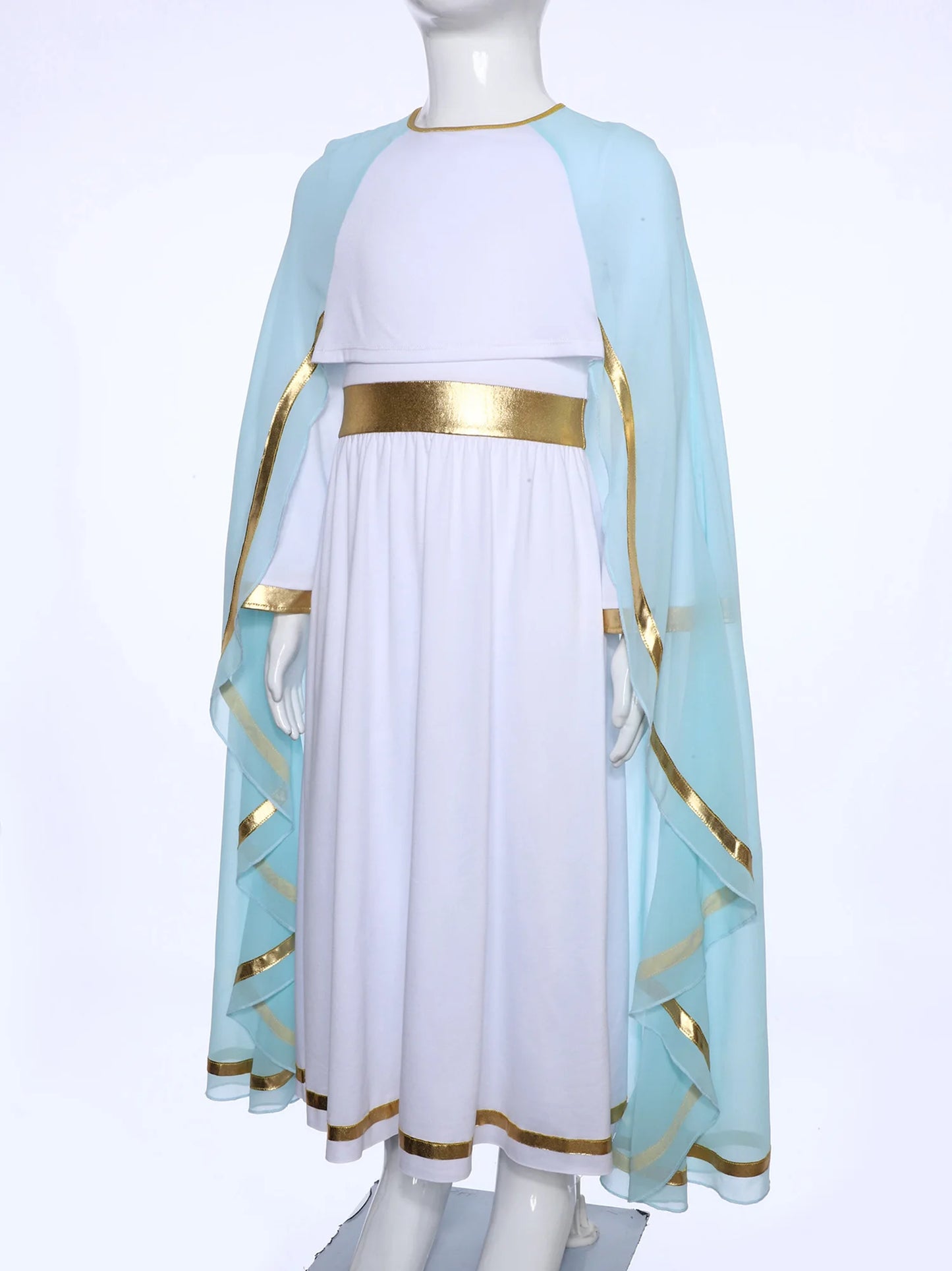 Halloween Virgin Mary Costume for Kids Girls Fancy Greek Princess Cosplay Long Sleeve Ruffle Dress with Chiffon Cape Theme Party