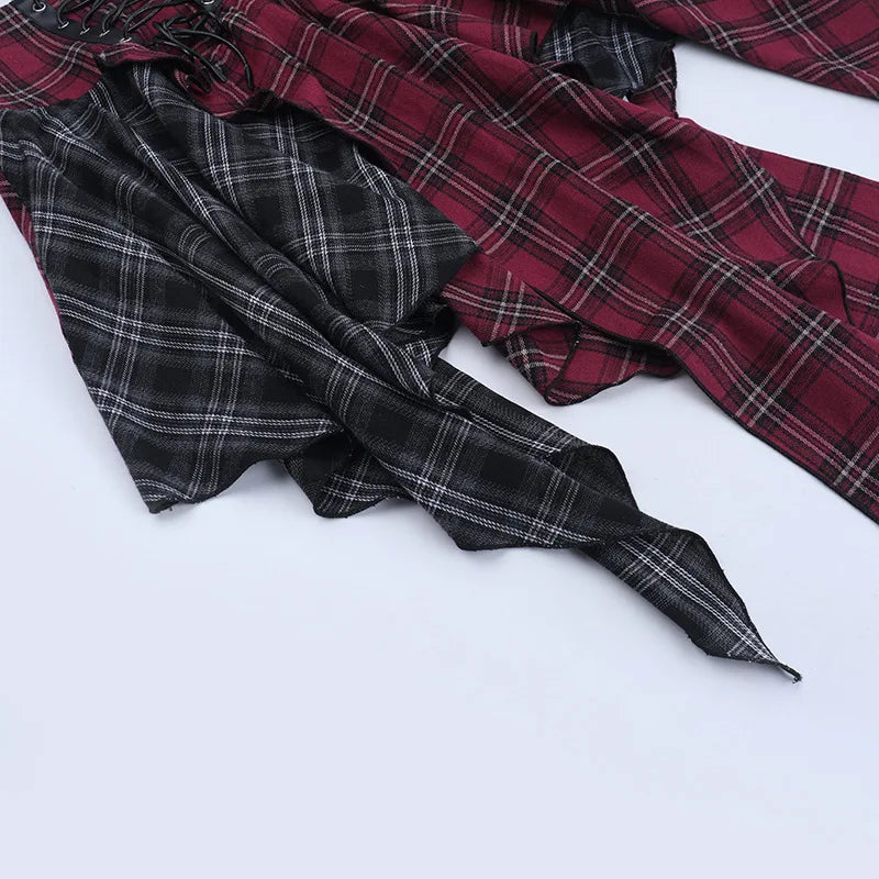 Goth Dark E-girl Streetwear Plaid Patchwork Irregular Hem Short Skirt Gothic Bottoms Y2K Punk Bandage Mini Skirts Alt Clothing