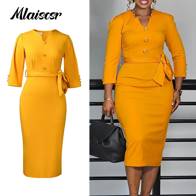 Mlaiscsr Fashion Slim Midi Dress Women Autumn Casual V-Neck Lace-up Long Sleeve Pencil Dresses Elegant Office Work African Robe
