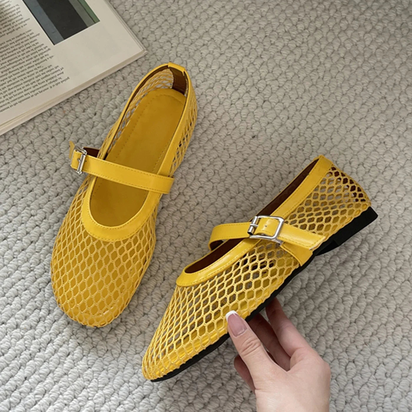 Aneikeh BIG Size 35-43 Jelly Color Fishing Ballet Dance Women's Mesh Buckle Flat Hollow Out Retro Mary Jane Shoes