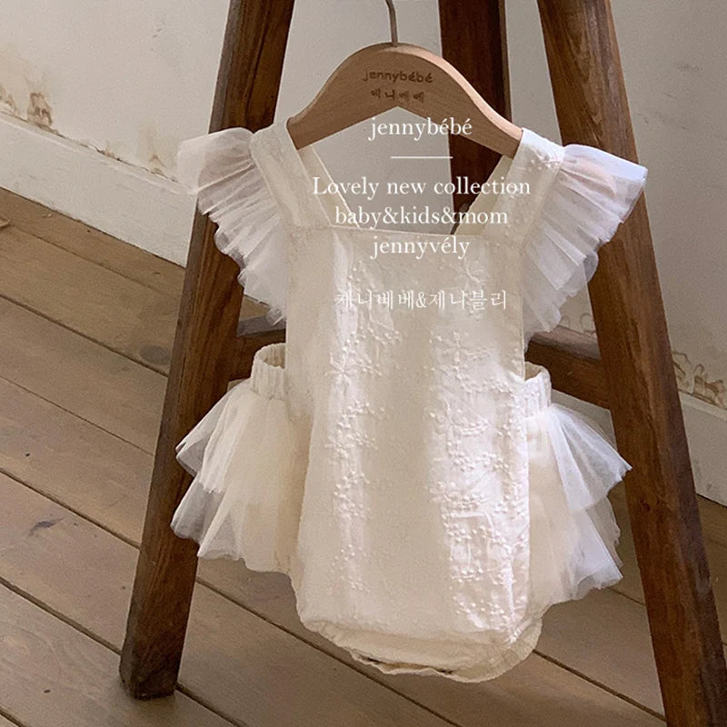 2024 New Summer Newborn Baby Girl Romper Flying Sleeve Cotton Mesh Splicing Toddler Baby Girl Jumpsuit 0-24M Baby Girl Clothing