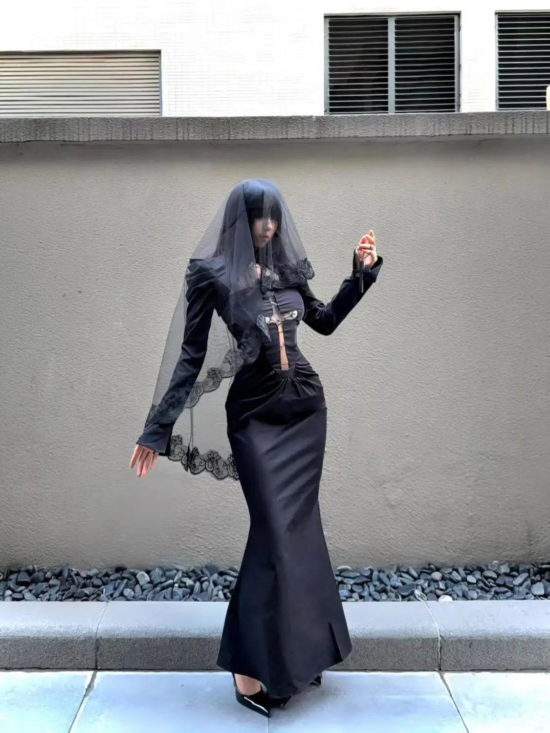 Winter Gothic Black Midi Dress Women Lace Veil Cross Decor Long Sleeve Slim-Fit Party Dress Female Halloween Cosplay Outfit 2025