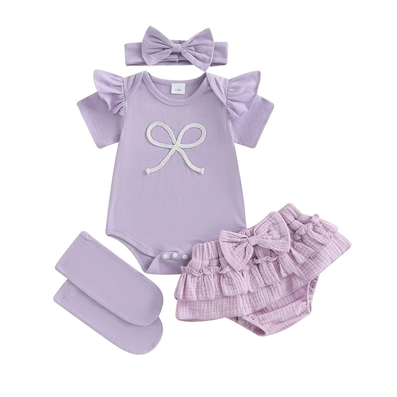 0-18M Newborn Infant Baby Girl Summer Outfits Bow Embroidery Short Sleeve Romper+Tutu Skirt Shorts+Socks +Headband Set