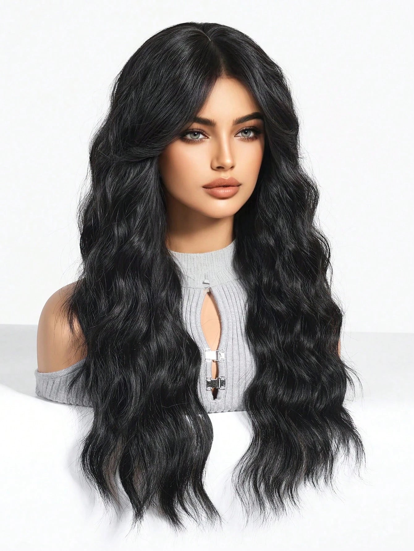Long Wavy Women's Wig with Bangs, Black Wig, Curtain-Style Bangs Wig, Layered, 24inch Inches Long, Black Curly Wig, Exclusively for Women, Natural-Looking Synthetic Wig, Suitable for Daily Use, Parties, and Cosplay