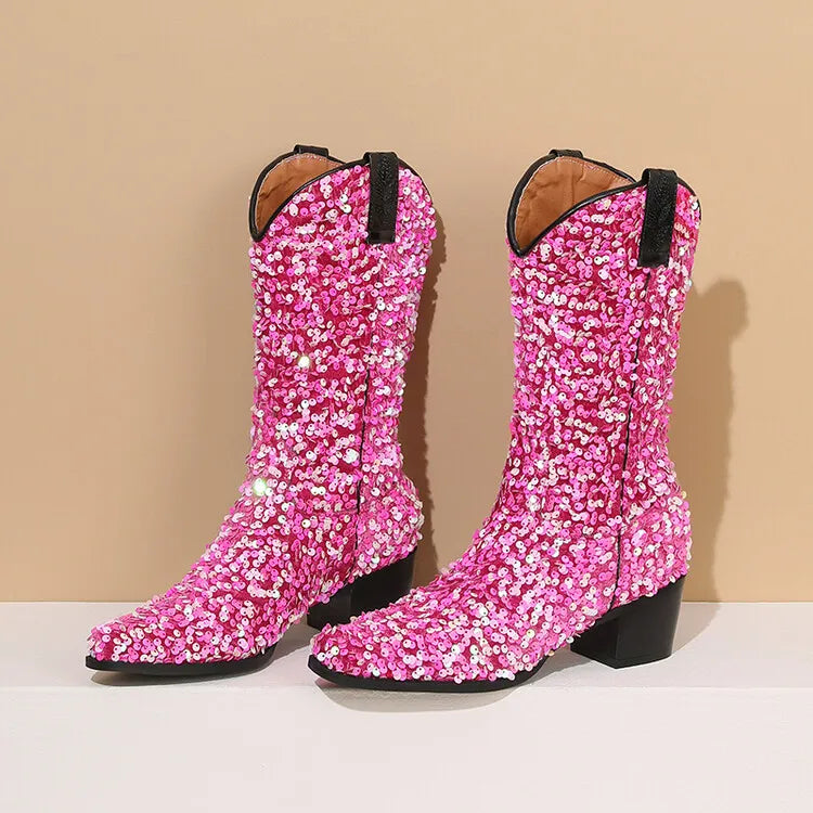 Women Sexy Western Boots Bling Bling Trends Party Chunk Heels Lady Shoes Fashion Pointed Nightclub Female Sequin Mid-Calf Boots