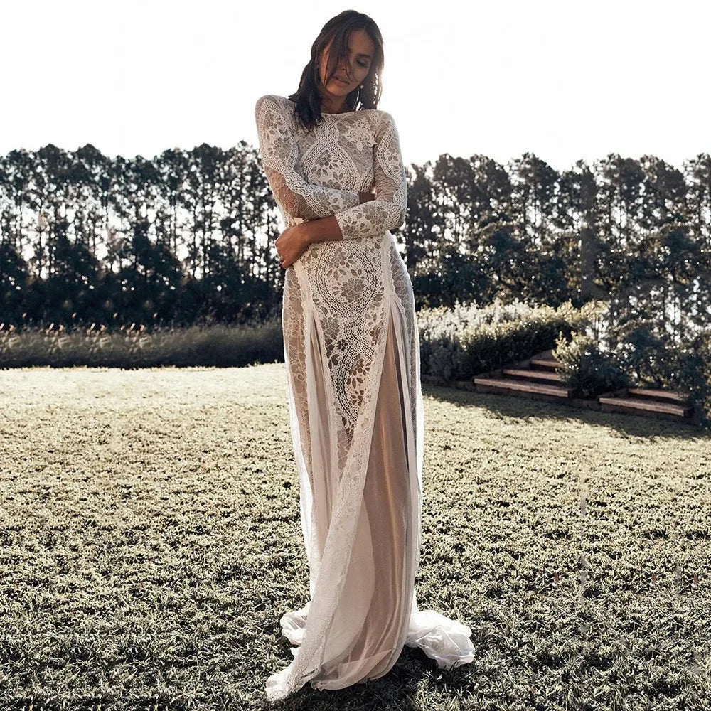 2025 Spring New Women's Celebrity Banquet Wedding Dress Crew Neck Long Sleeve Printed Halter Lace Dress