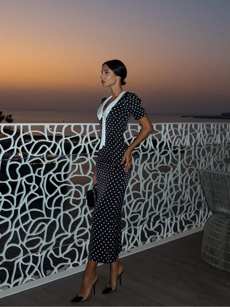 Polka Dot Printed Maxi Dress Women Fashion Chic Puff Sleeve Patchwork High Waist Slim Robes 2025 Elegant Party Long Dress Gowns