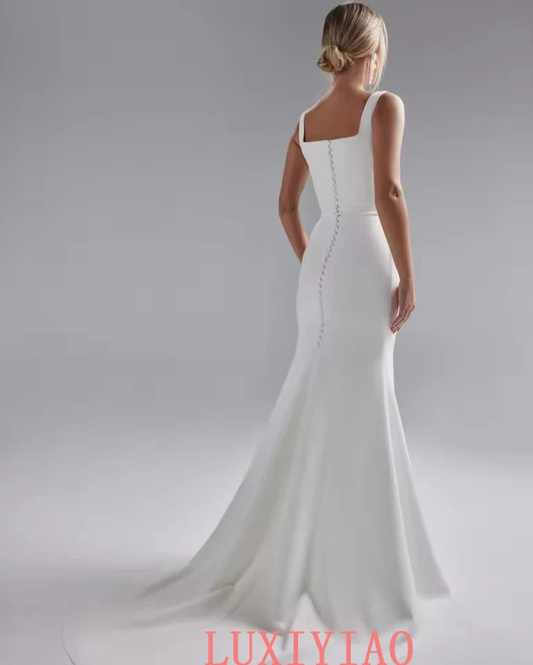 Customized Vintage Mermaid Wedding Dresses Simple Civil Brides Dress Backless Buttons Wedding Gown Women Long Bridal Dress