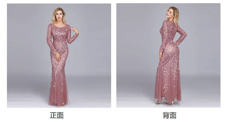 Elegant Round Neck Sequined Mermaid Long Formal Evening Dress With Long Sleeves