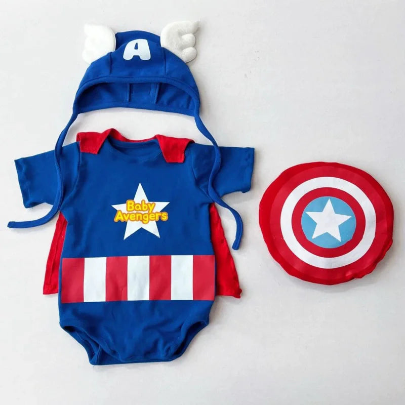 Fall 2025 Korean Superhero Baby Bodysuit Set Costume with Cape Shield & Hat for Cosplay Photoshoot One-Piece High quality Cotton