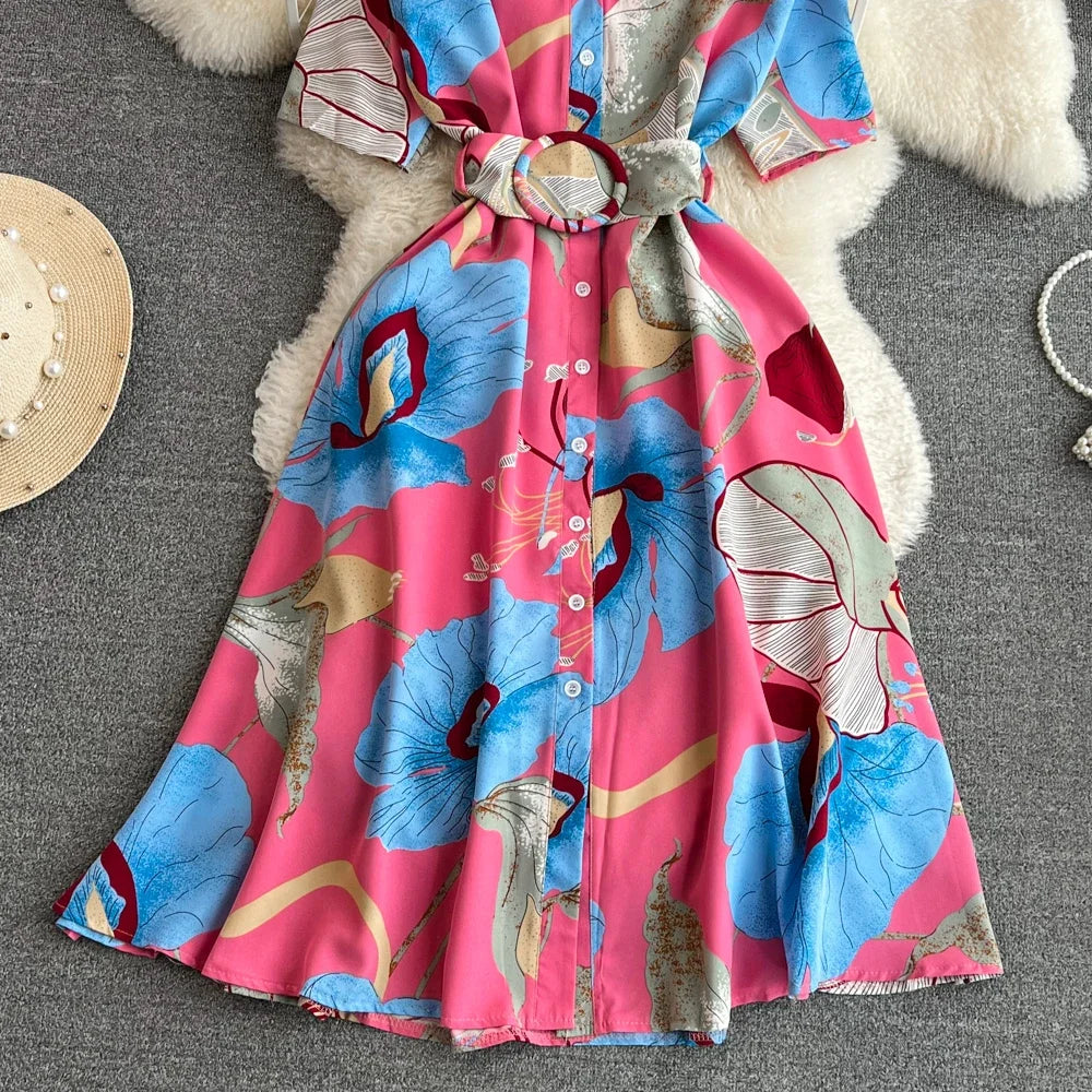 2024 New Summer Women Dress Fashion Print Floral A-line Shirt Dress with Belt Elegant Vintage Off Lady Dress Casual Vestidos