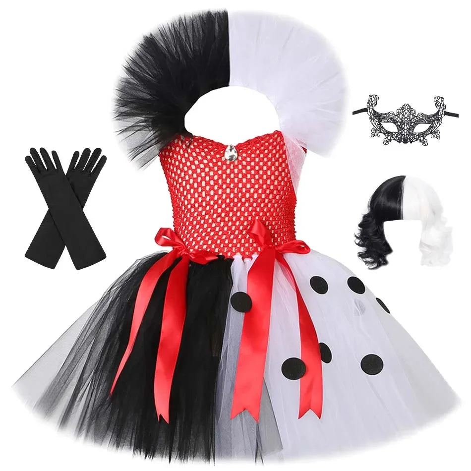 Halloween Crulla Cosplay Costume Cruella Tulle Dress Party Girls Black White Carnival Kids Cruella Wig Lace Mask Suit Clothes