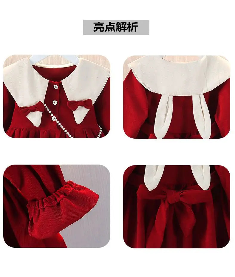 Spring and Autumn Girls' Baby Dress New Children's Fashionable Doll Neck Long Sleeve Dress Red Girls' Princess Dress