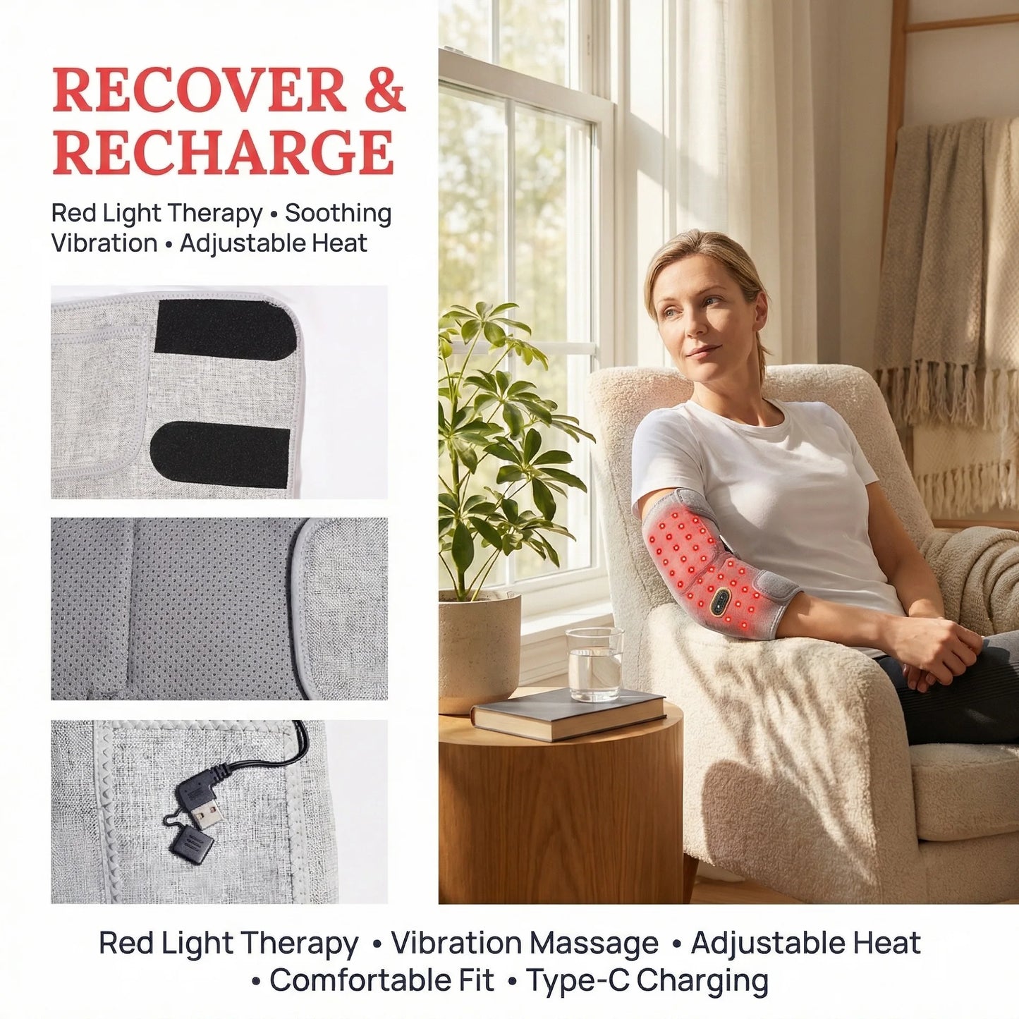 Red Light Heated Elbow Massager Brace-3 Gear Timer Vibration Relieves Muscle Relaxation Elbow for Fitness Fans Seniors