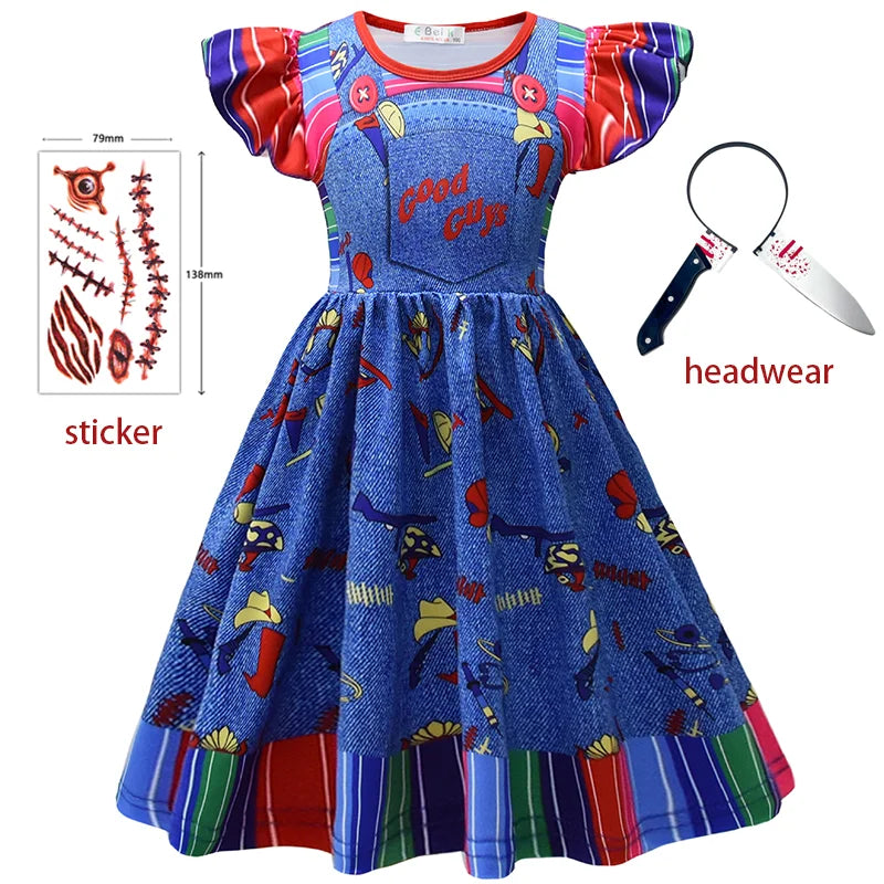 Horror Killer Movie Ghost Doll Disguise Costume Girls Printed Dress+Sticker Headwear For Children Halloween Party Outfit Sets