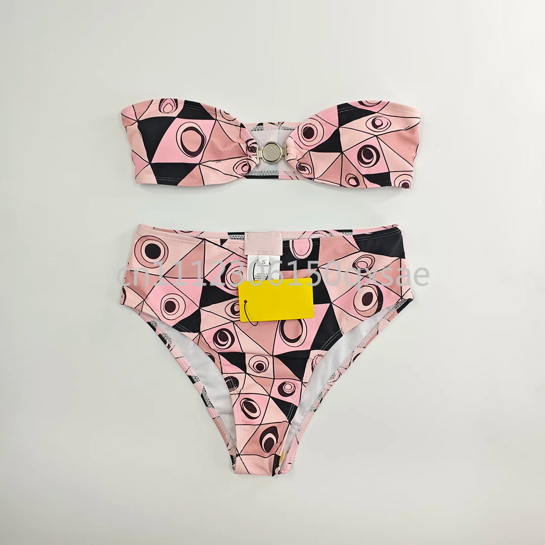 Women's Pink Headband Scarf Swimsuits with Letter Signature Logo Lady Headband Scarf Bikini Sets Beachwear Swimwear
