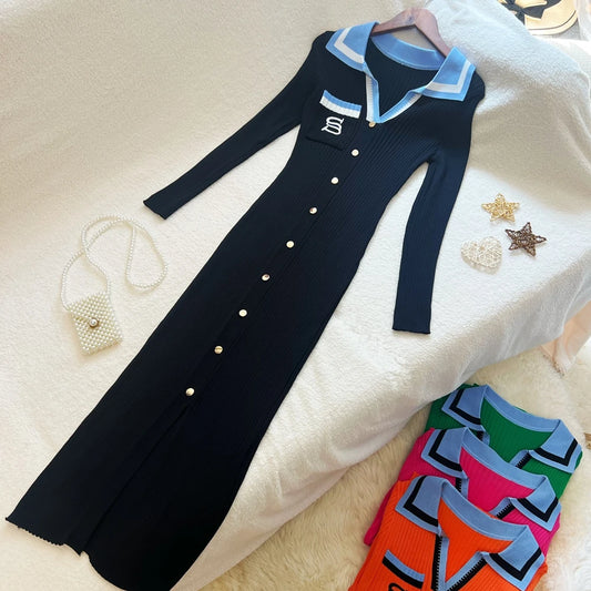 YuooMuoo Women Dress 2025 Autumn Winter Fashion Y2K Embroidery Slim Elastic Long Sweater Dress Elegant Lady Office Dress Vestido