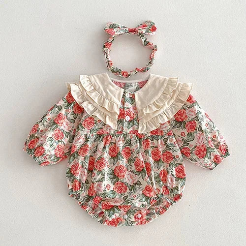 2025 New Spring Baby Sisters Dress 1-5Yrs Girl Party Dress Long Sleeved Cotton Rose Print Romper Sisters Kids Princess Dresses