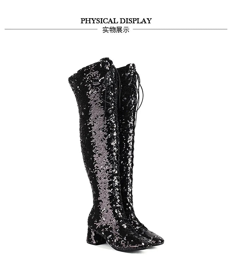 Glitter Bling Boots Women Over the knee Chunk High Heels Zipper Lace-Up Runway Lady Shoes Large Size Thigh High Boots Size 46