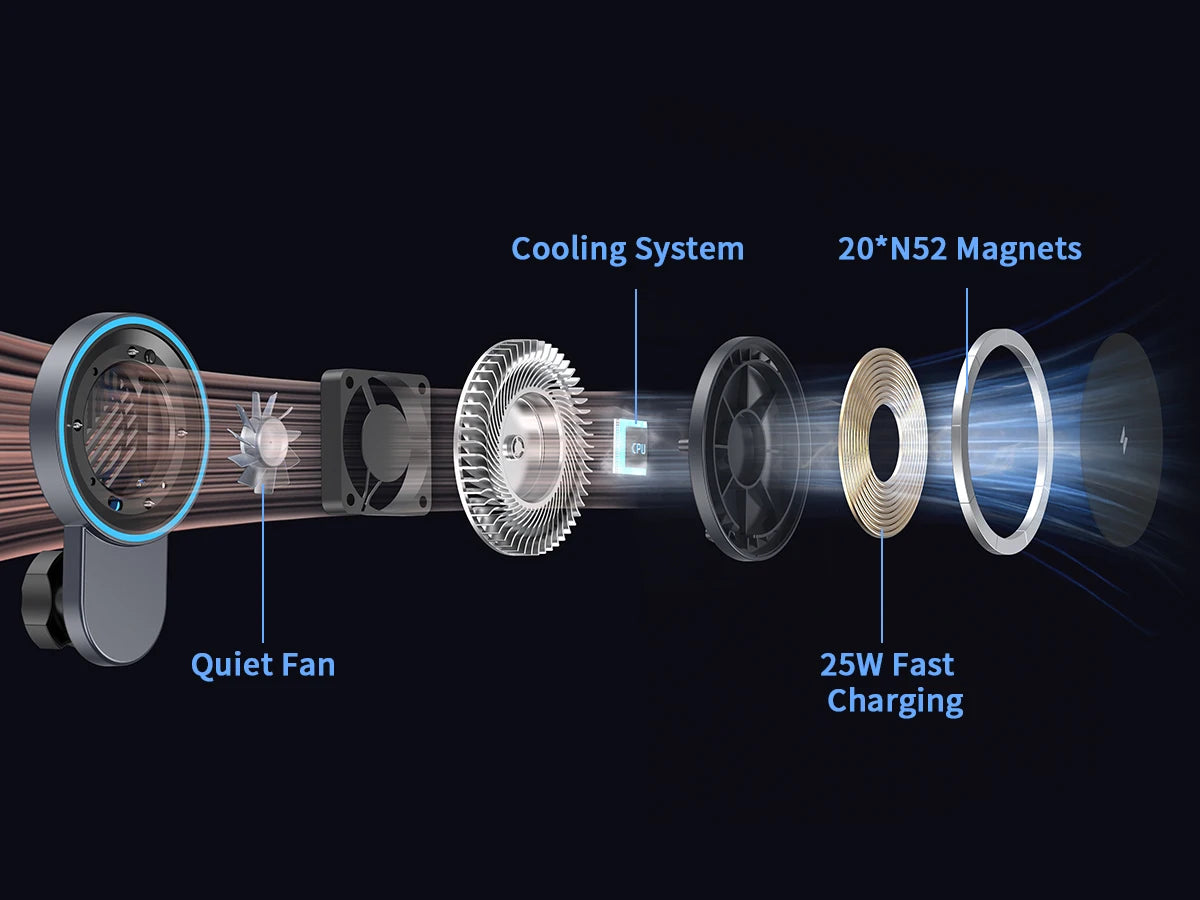 Qi2.2 25W Car Magnetic Wireless Charger Stand With Air-Cooling Fan For Magsafe iPhone17 16 15 14 13 12 Pro Max Fast Charging