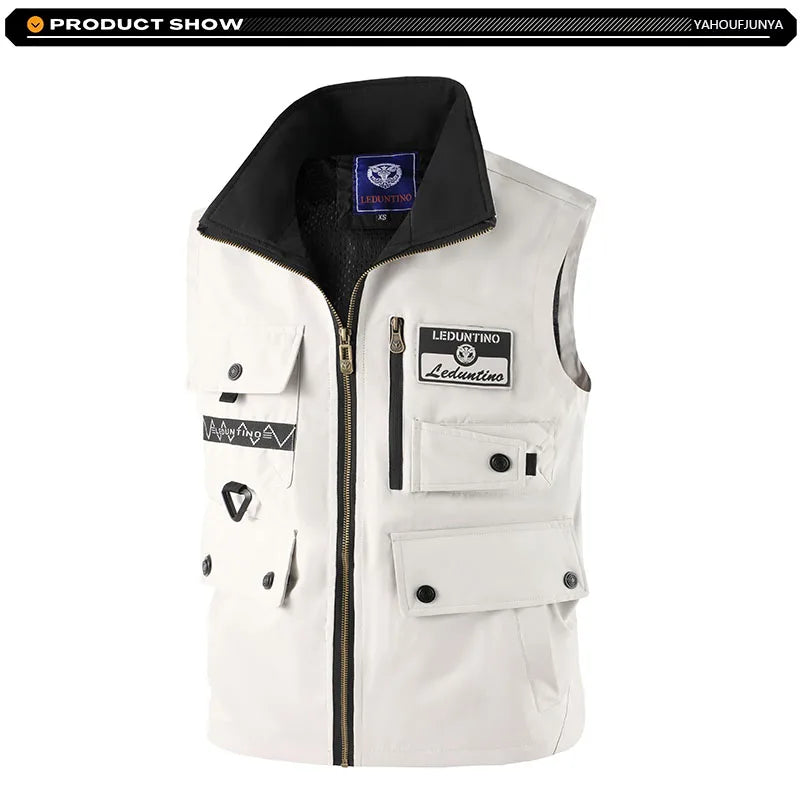 2026 New Summer Men Sleeveless Outdoor Cargo Leisure Lapel Vest Men Pocket Solid Color Fishing Camping Thin Vest Male Waistcoat