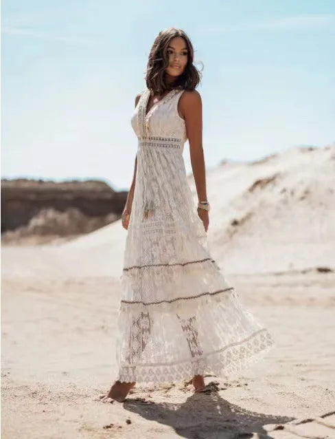 Summer Women Long Party Dress Vintage Long Sleeve Floor Length Sexy Backless White Lace Maxi Dress  sexy